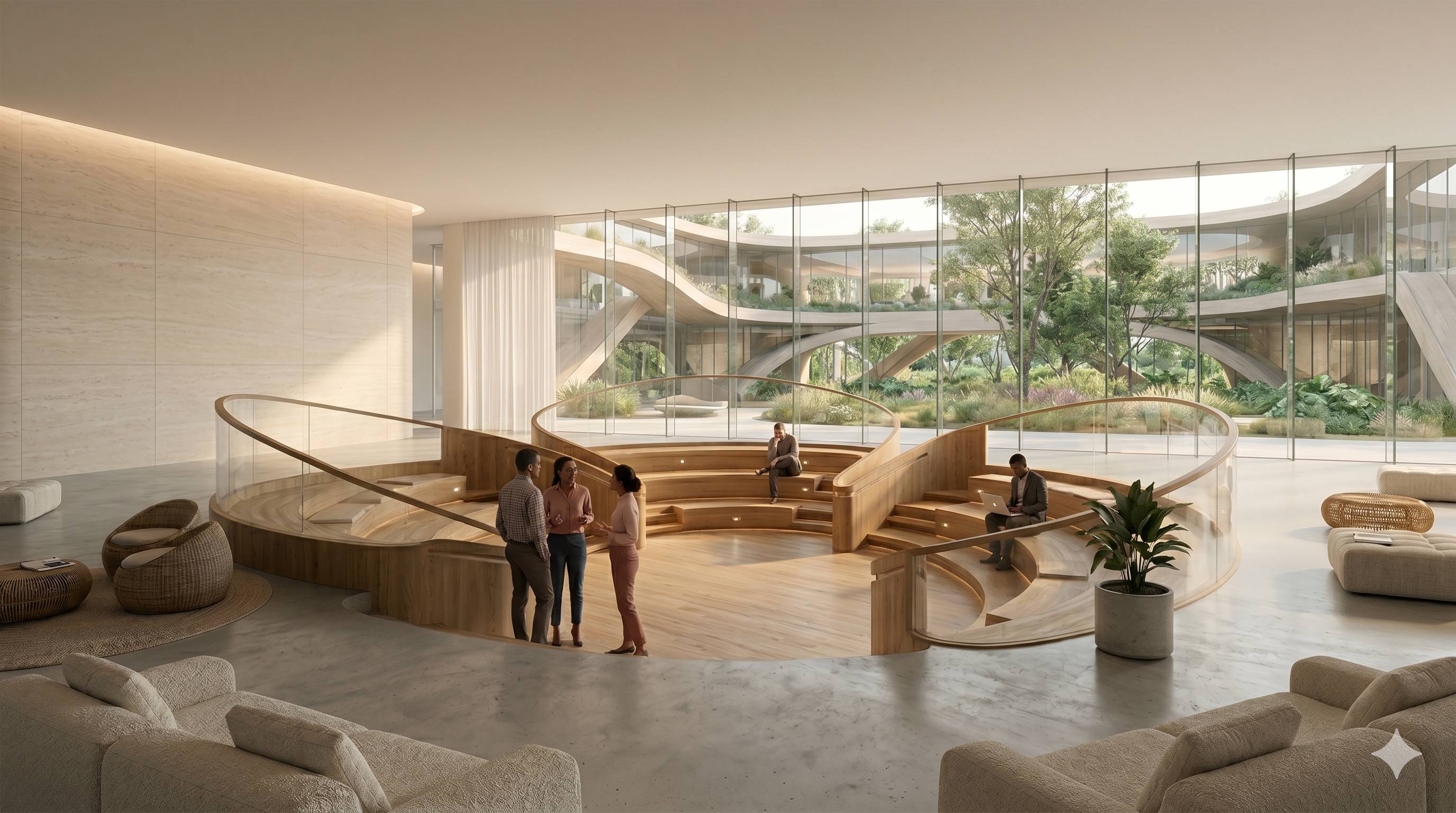 Modern lobby with green seating and wooden staircase
