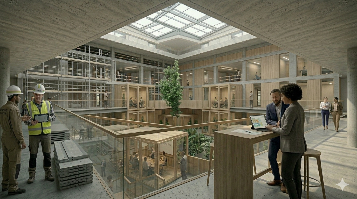 Atrium avec végétation luxuriante et passerelles vitrées
